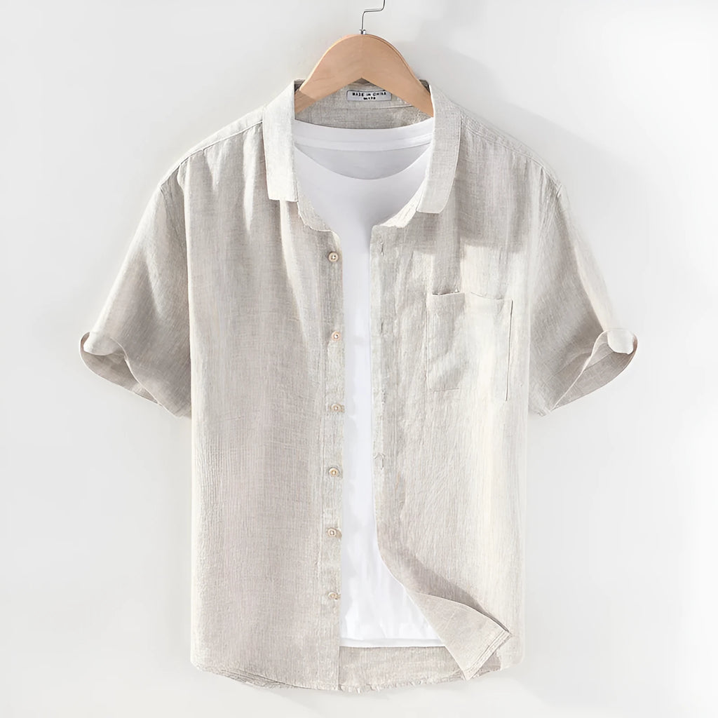 Men's short sleeve linen casual shirt with a square collar in raw jute colour.