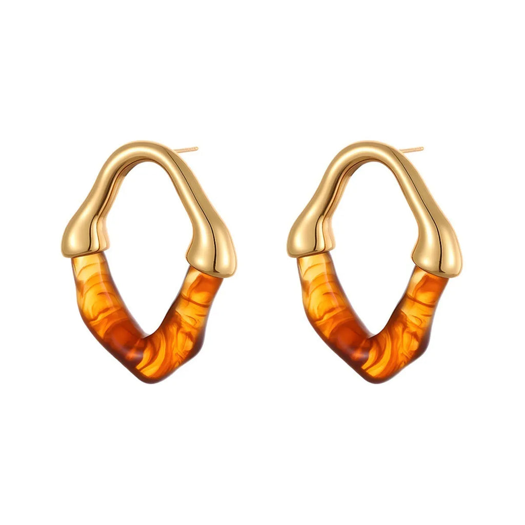 Stainless steel earrings with pink resin stitching and 18K gold plating