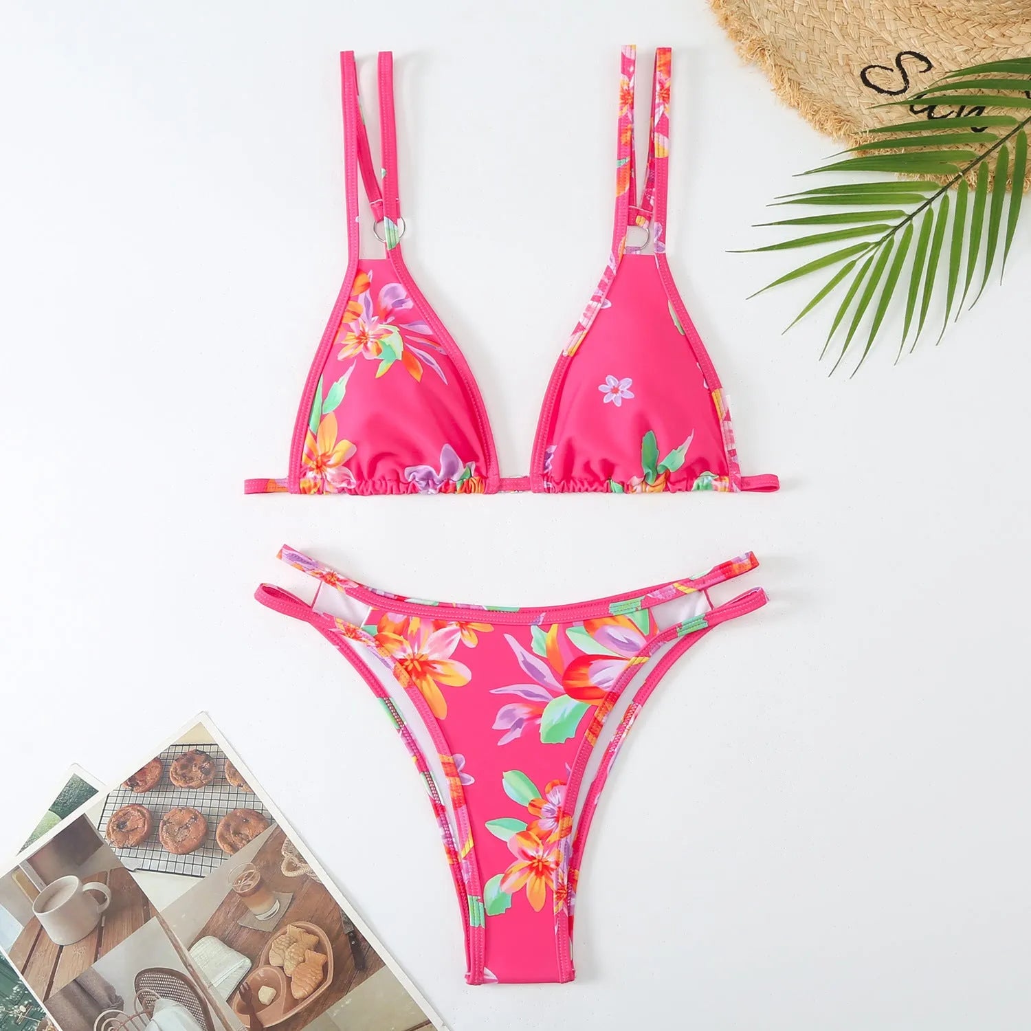 Women's printed halter bikini briefs swimming set in polyester fibre showing floral pattern and backless design