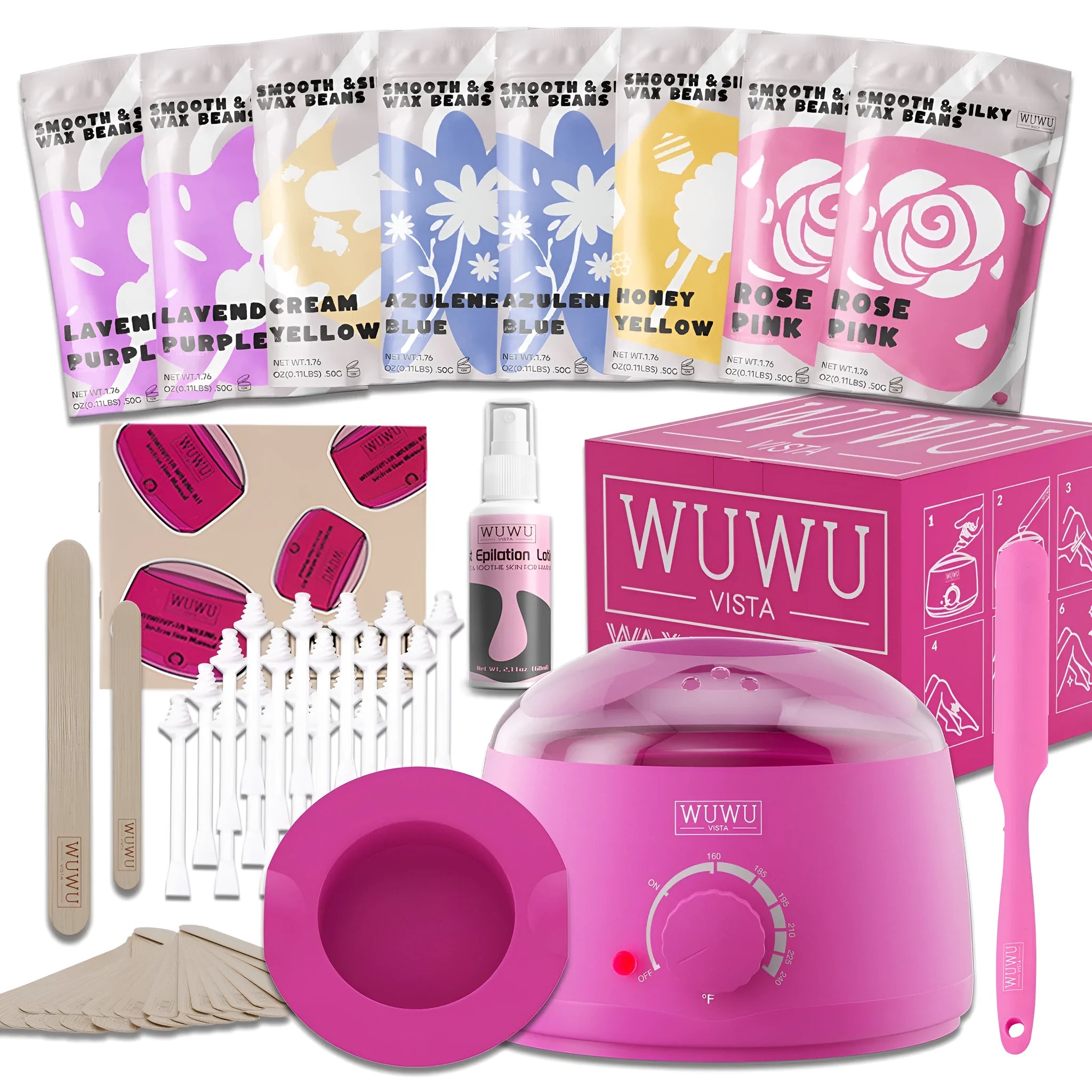 WUWUVISTA 63-piece waxing kit with black wax warmer, wax beads, application sticks, and aftercare products