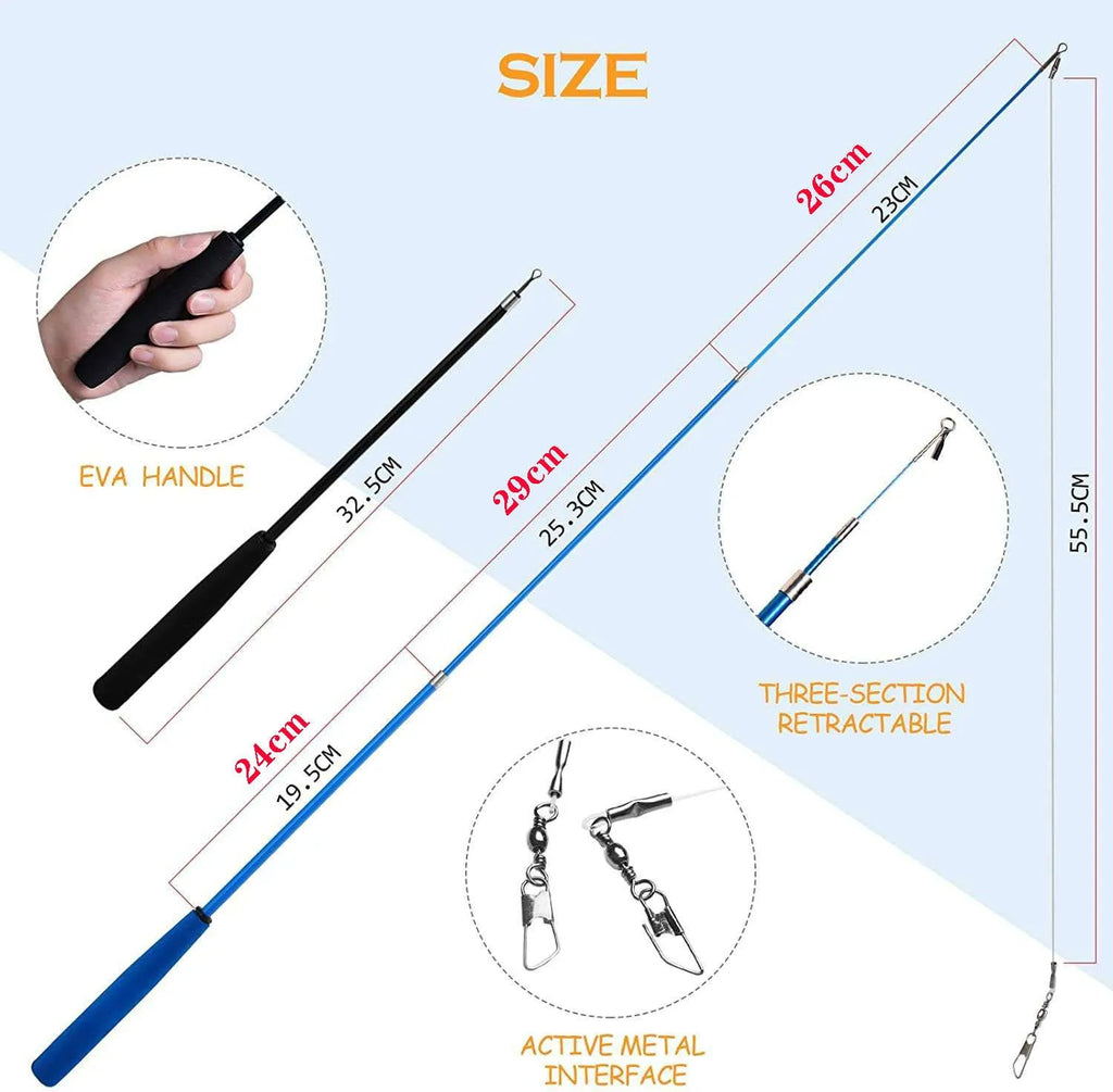 Cat teasing fishing rod set showing two extendable poles and ten feather replacement heads