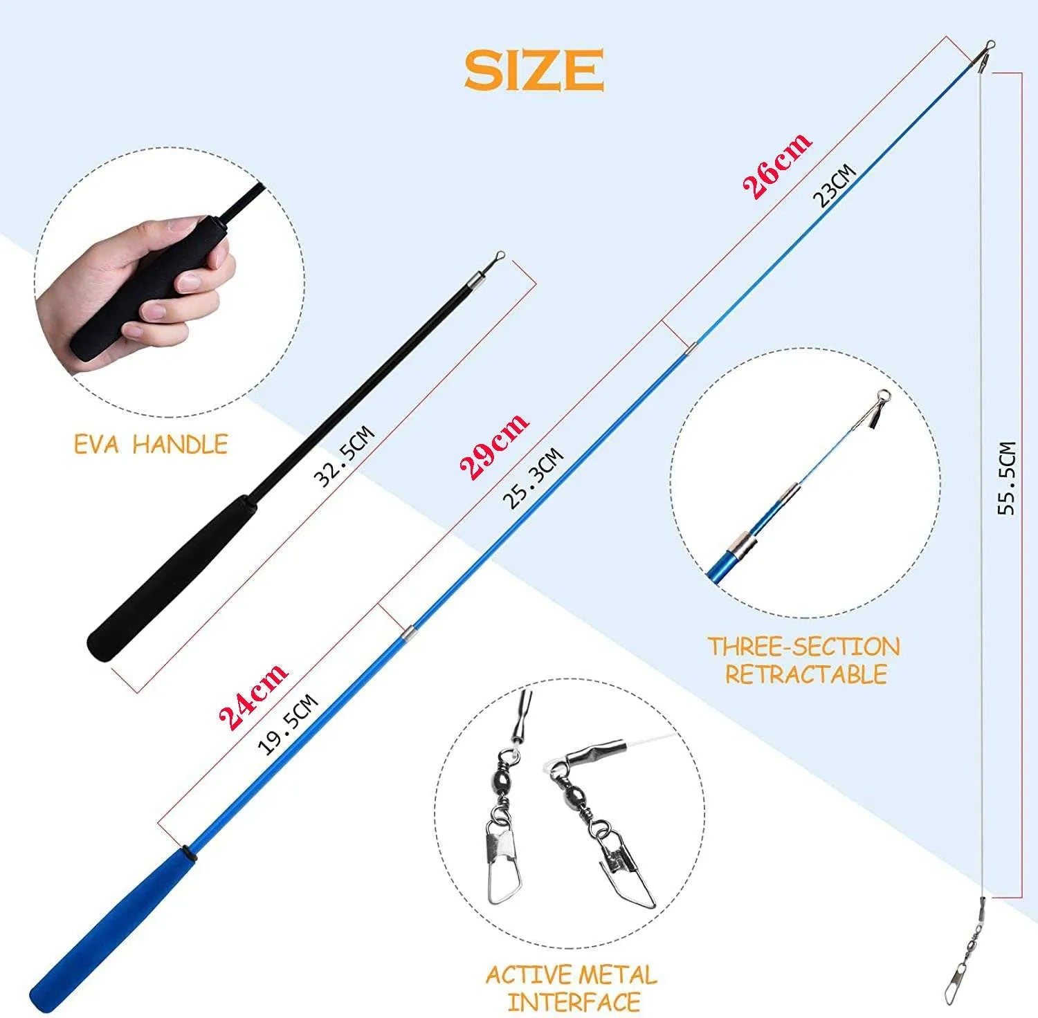 Cat teasing fishing rod set showing two extendable poles and ten feather replacement heads