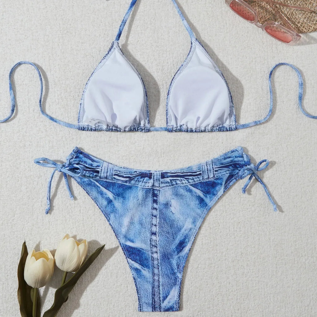 Women's denim blue printed bikini swimsuit with decorative strap detailing
