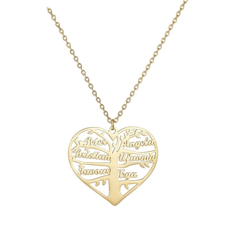 Personalised stainless steel necklace with hollow heart and lucky tree pendant showing custom name engraving