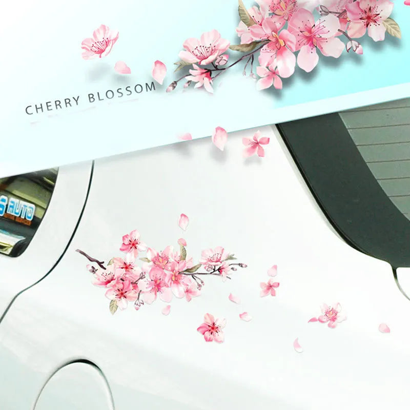 PVC cherry blossom car sticker shown in two size options on a vehicle window.