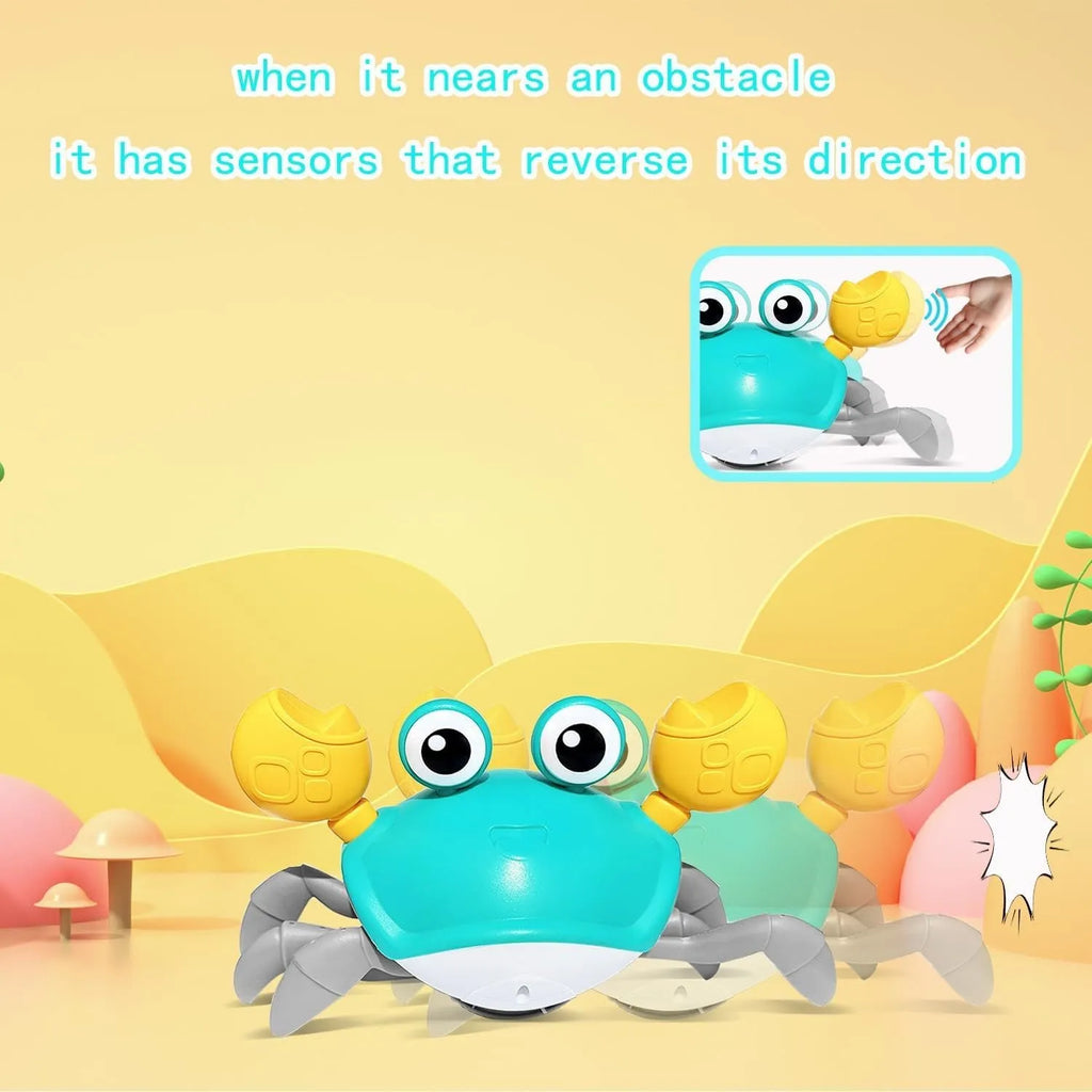 Blue automatic crab dog toy with obstacle avoidance sensor on a flat surface.