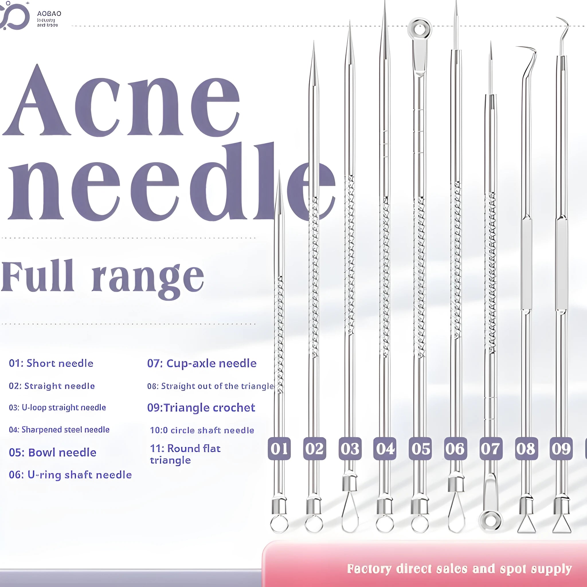 Four silver metal acne needles with ultra-fine pointed tips for skin treatment.
