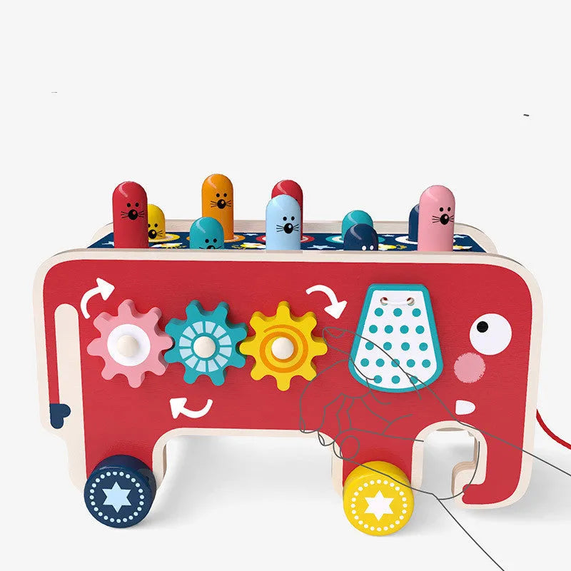 Montessori wooden pounding bench with red hammer and cute hamster toy for toddlers