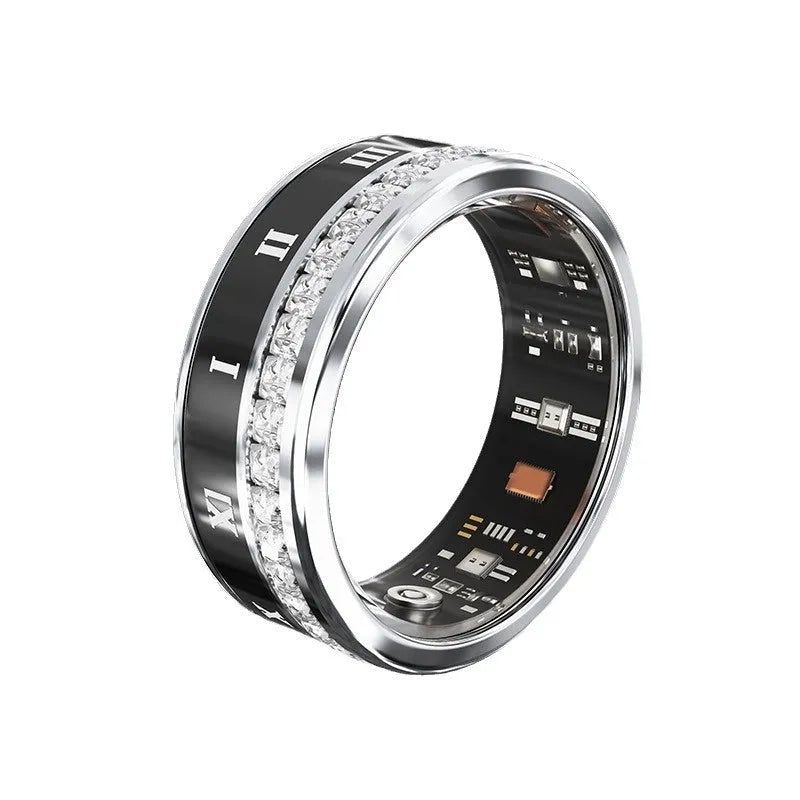 Silver and gold smart rings with blood oxygen monitoring feature on display with charging cable
