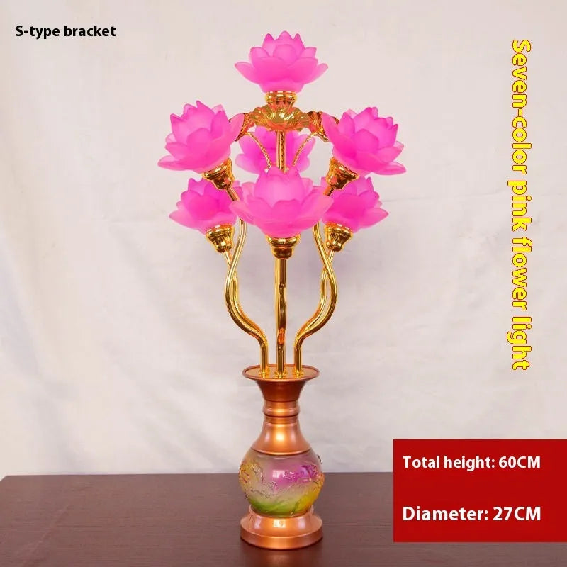Colored glaze lotus lantern with alloy base, pink floral petals, and LED light for temple worship