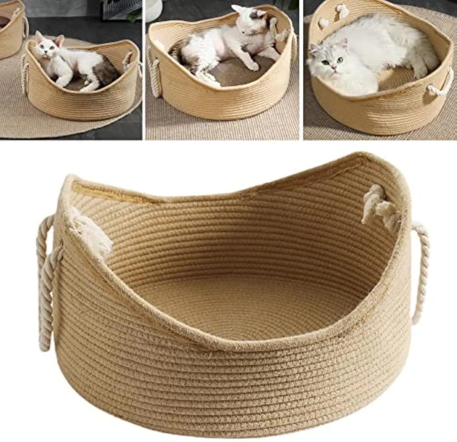 Woven wicker cat basket bed with integrated corrugated scratching surface showing two size options