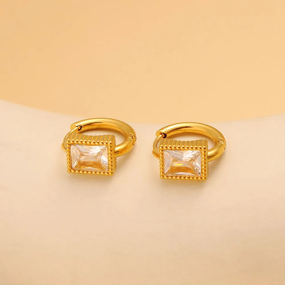 Square zircon stainless steel geometric earrings in black, green and white colours