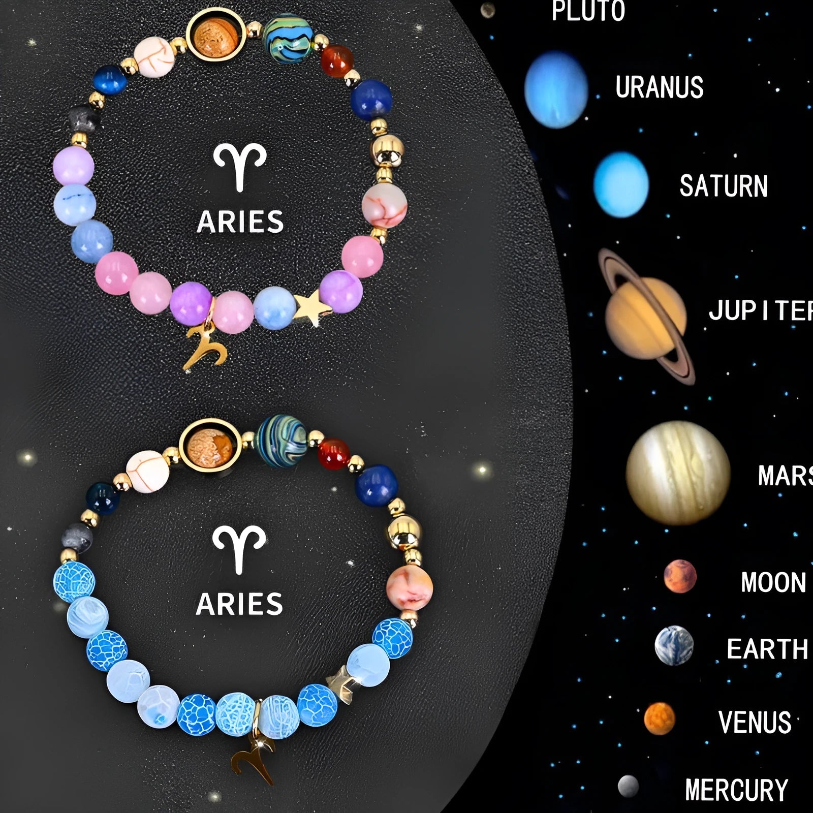 Two natural stone beaded bracelets with Chinese zodiac animal charms on a wooden surface.