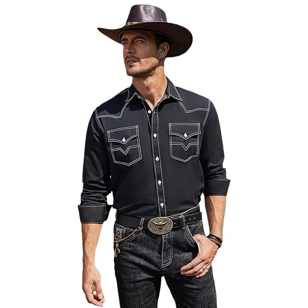 Men's western cowboy casual oxford long sleeve cardigan shirt in polyester, black colour, front view