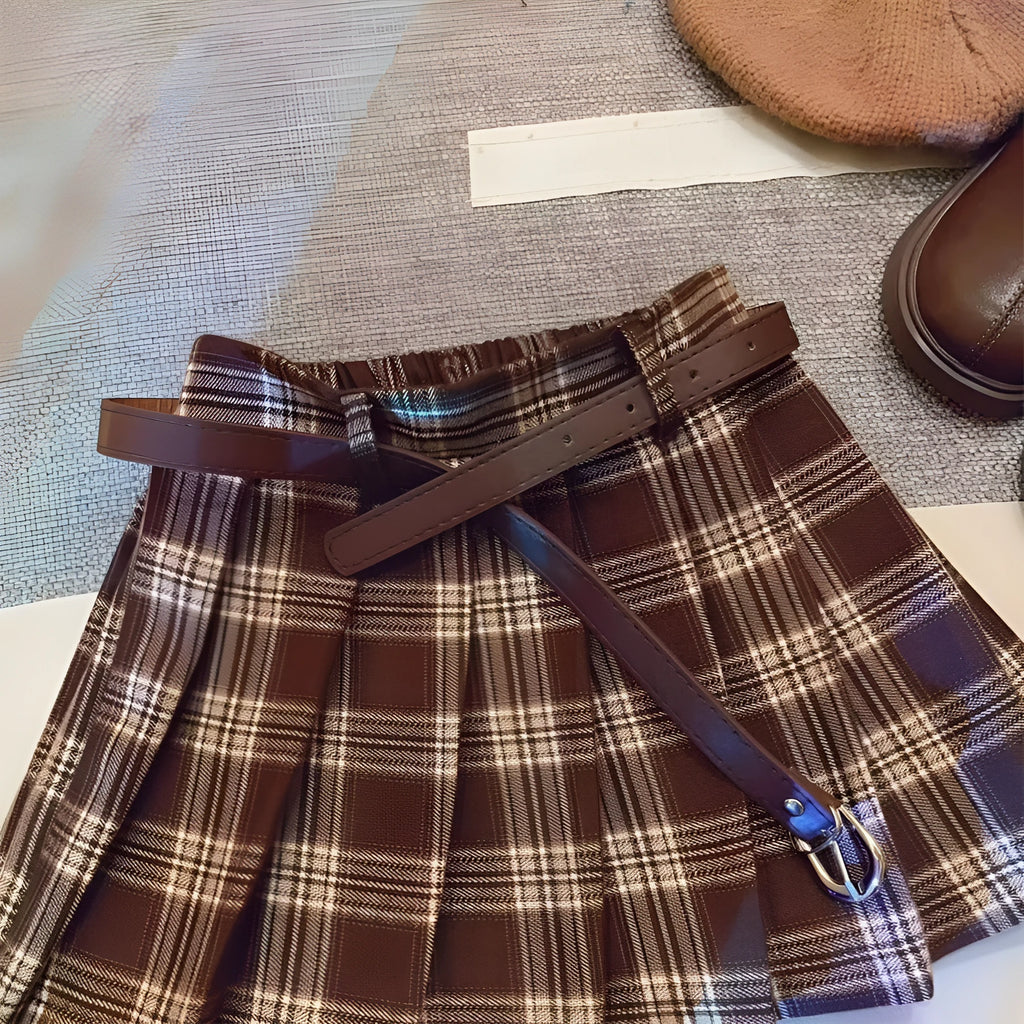Children's plaid pleated skirt in A-line style with cotton-blend fabric