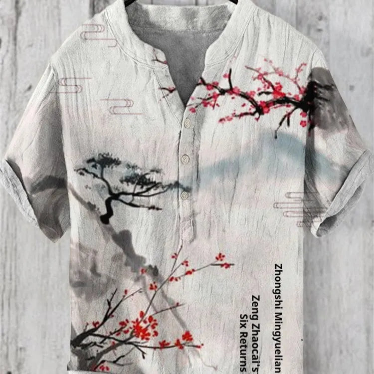 Man wearing a short sleeve t-shirt with a bold 3D digital animal graphic print on the front.