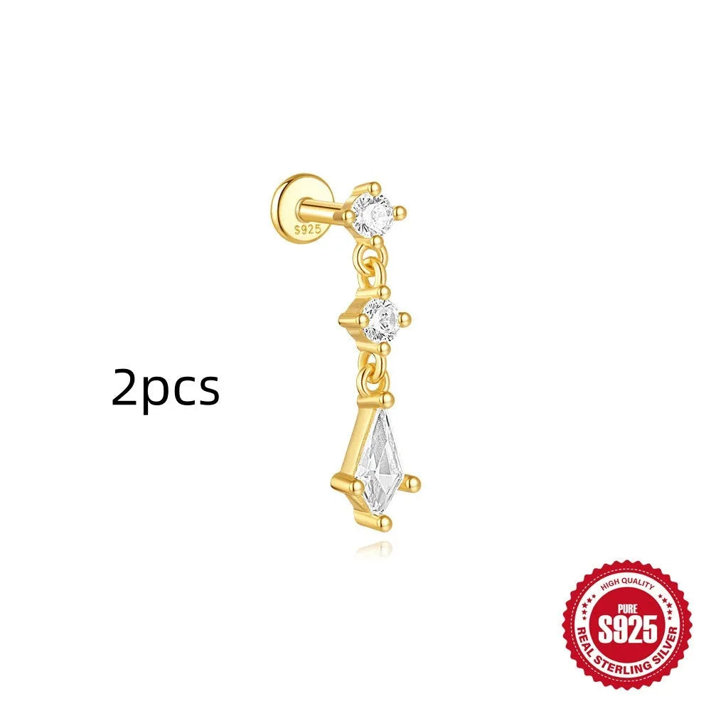 S925 sterling silver geometric kite earring with rhinestones and a chain tassel in a gold colour.