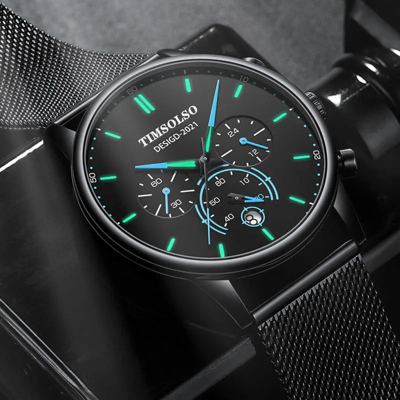 Ultra-thin 6mm calendar quartz watch with black two-tone metal strap, white dial, and date window