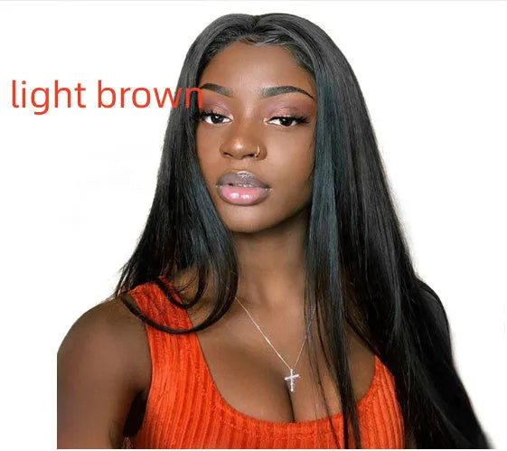 Women's long black straight synthetic wig with centre-parted bangs.