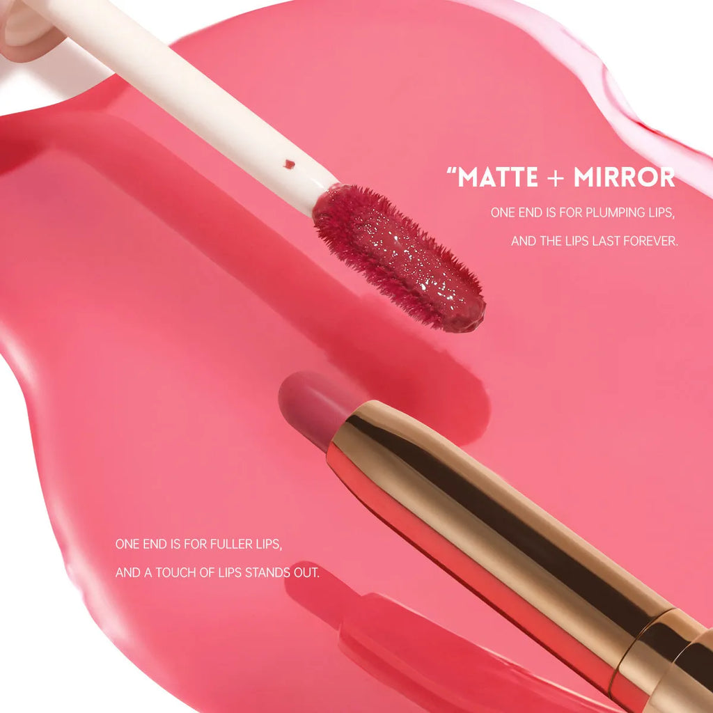 Double-headed lipstick and lip gloss cosmetic product showing matte and glossy ends