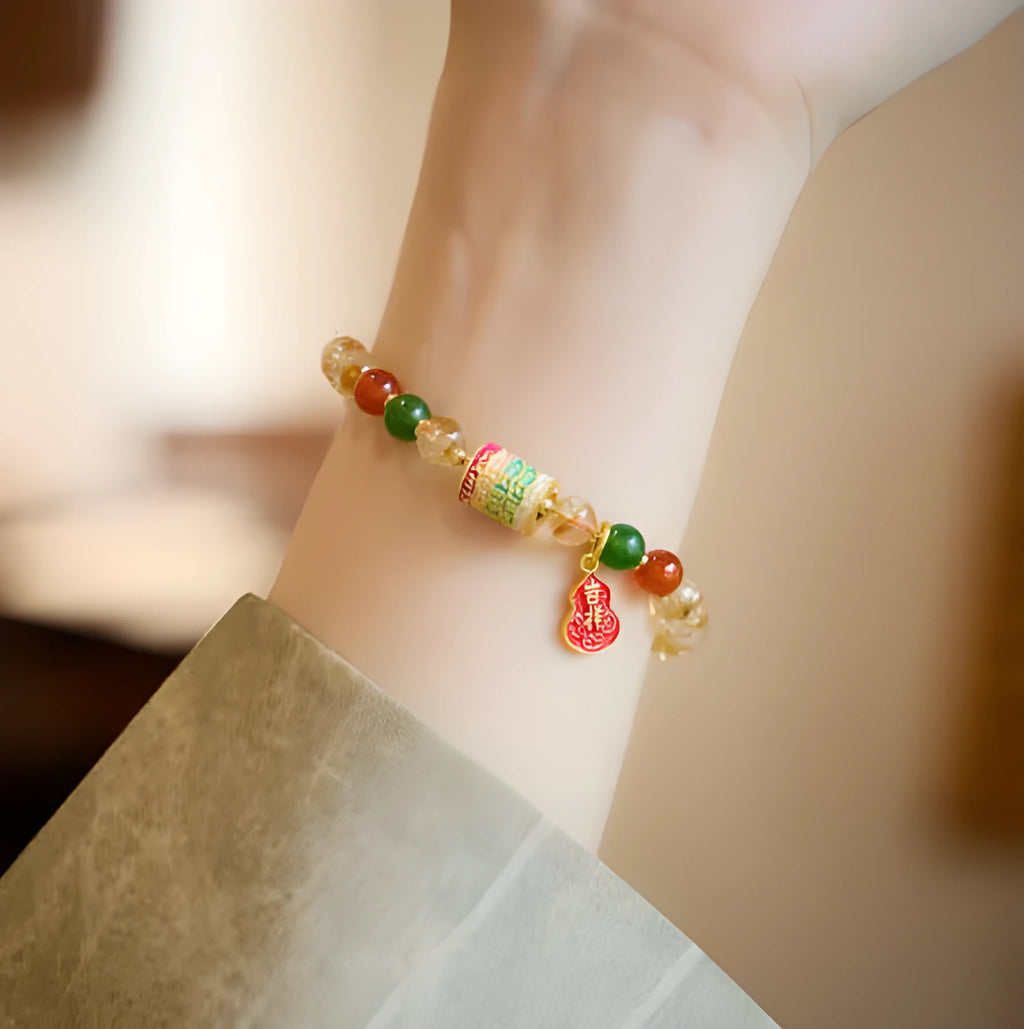 Hand-woven citrine five sutra bracelet with 6mm crystal beads and geometric pattern