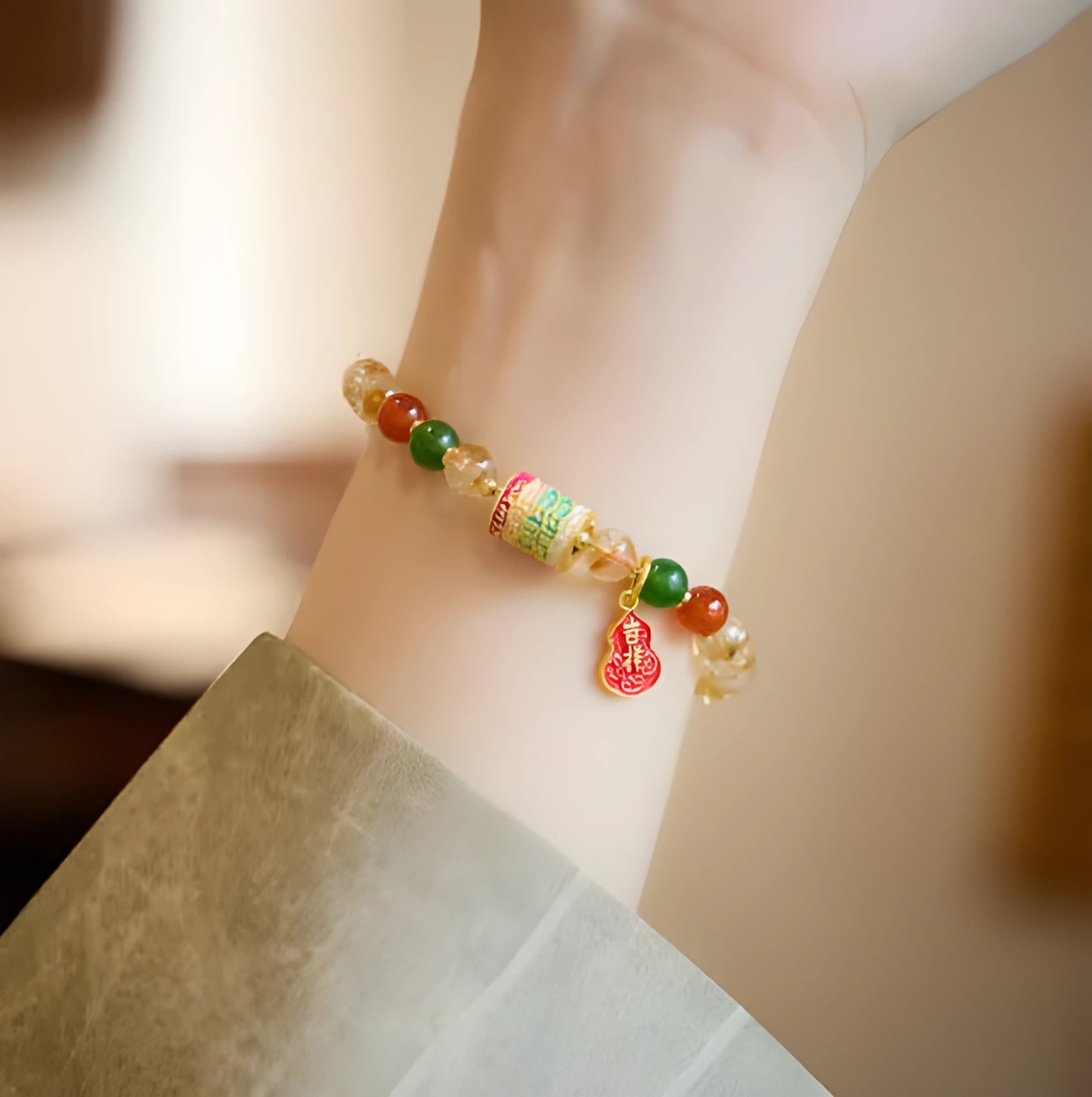 Hand-woven citrine five sutra bracelet with 6mm crystal beads and geometric pattern