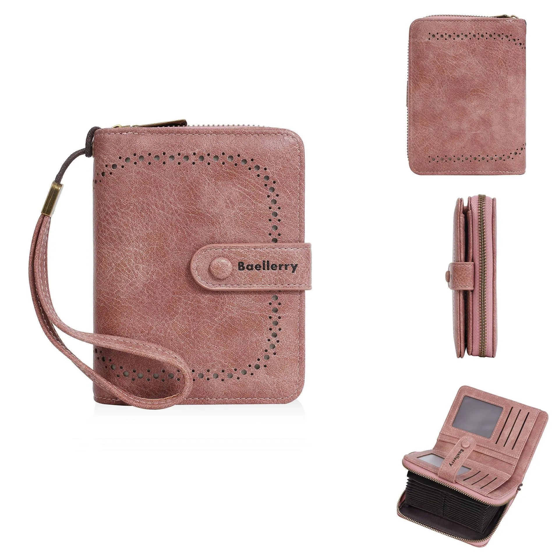 Women's black PU leather zipper coin purse with integrated card slots open.