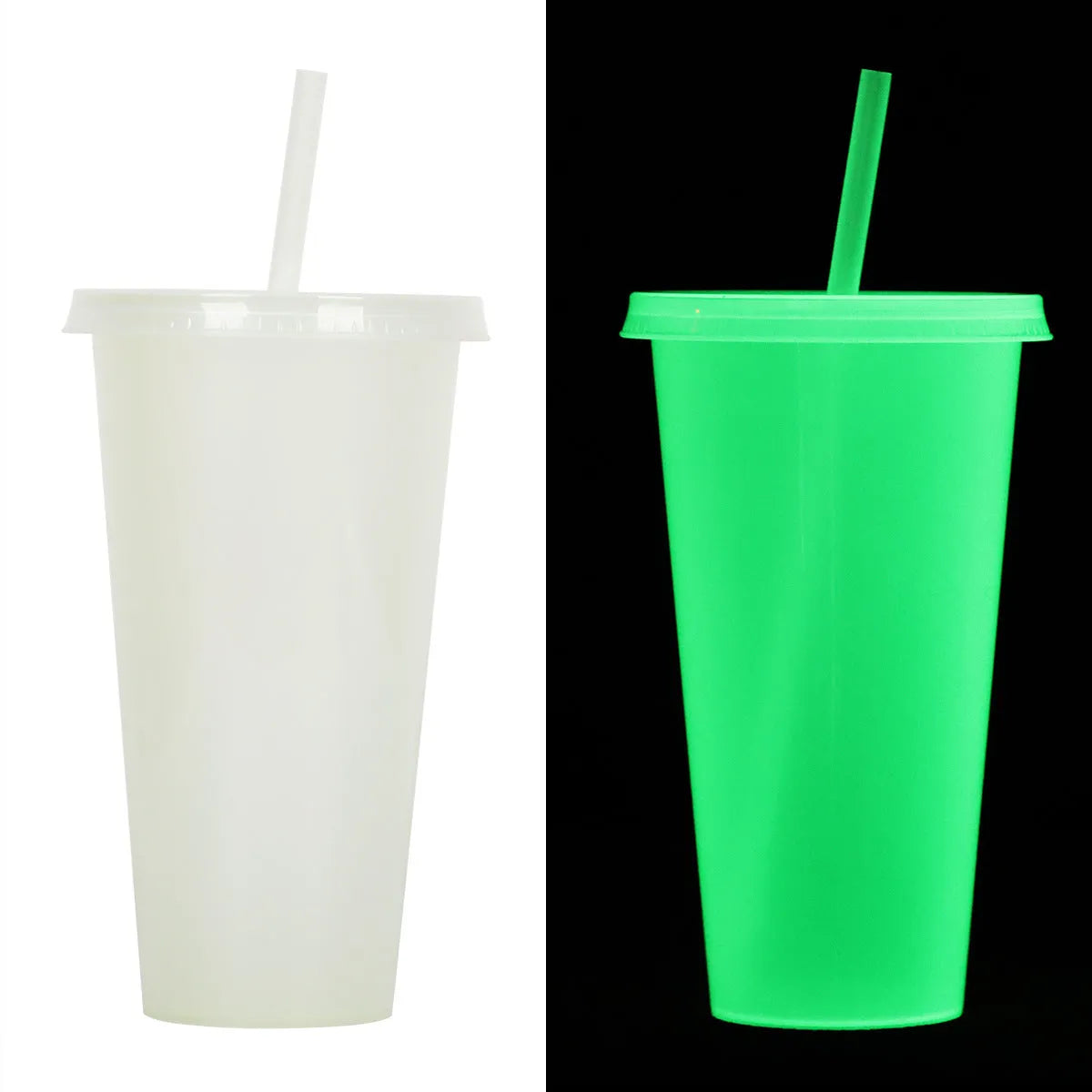 A 720ml cylindrical plastic cup with a luminous straw, shown in various colours for Halloween.