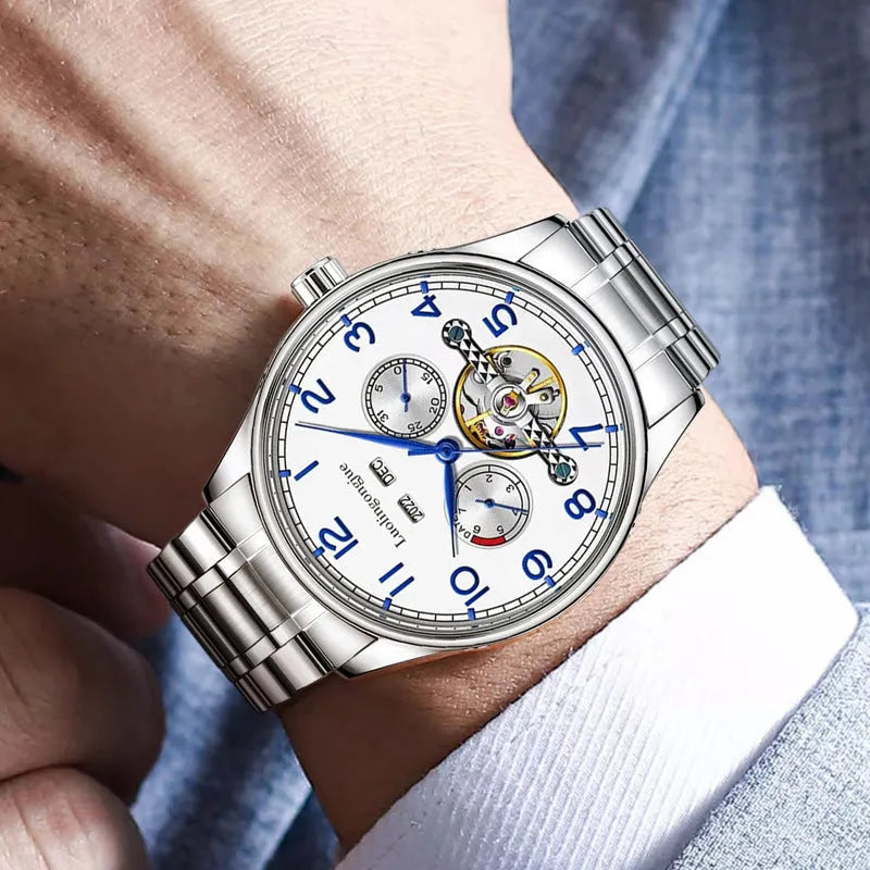 Men's stainless steel mechanical business watch with sapphire crystal glass and genuine leather strap