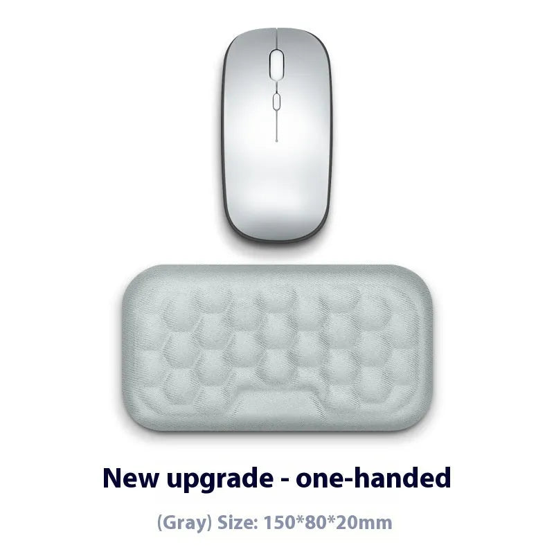 Memory foam mouse wrist rest with silicone base in black cloth and grey leather style options.