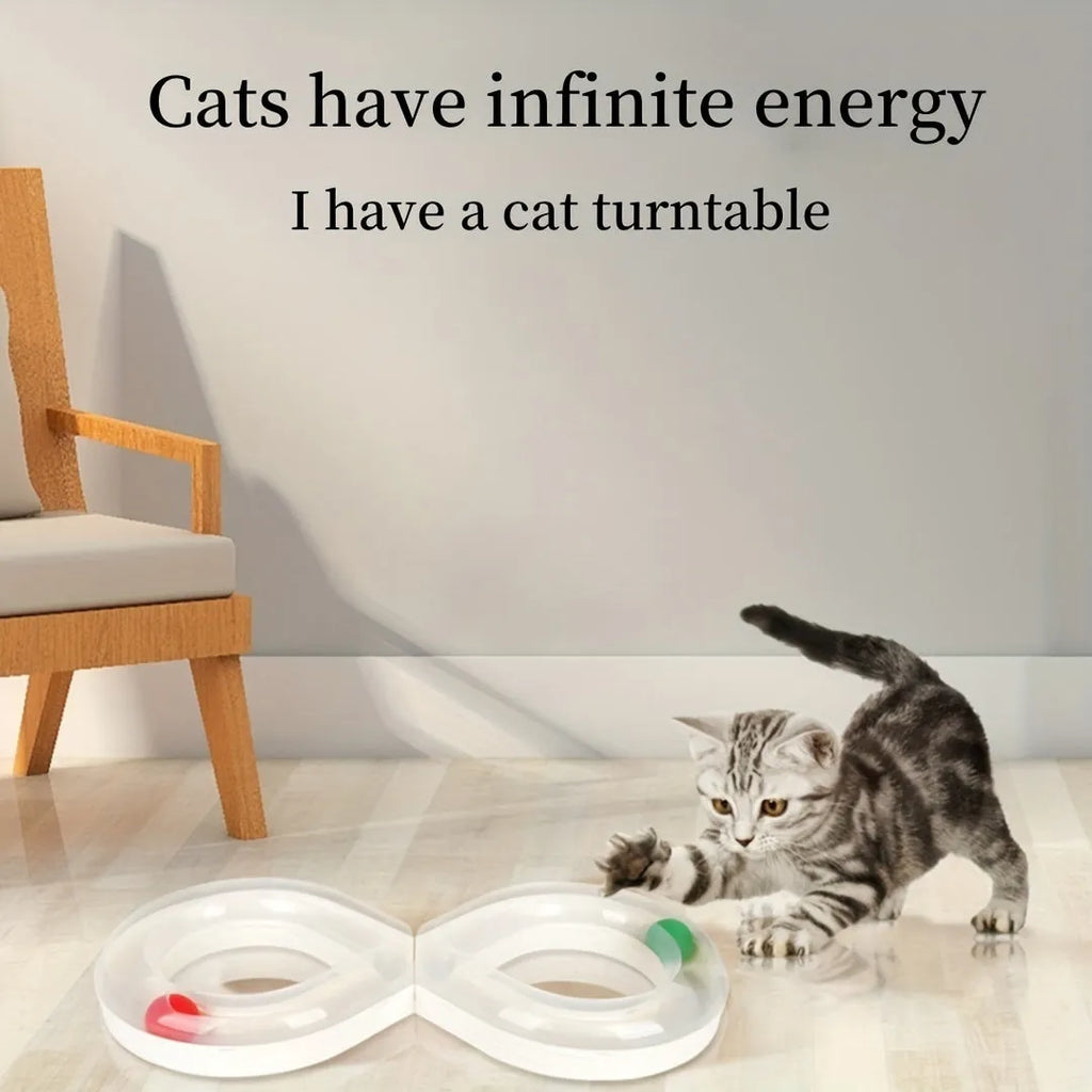 Blue and white cat turntable track ball activity centre with rotating spinner and puzzle feeder