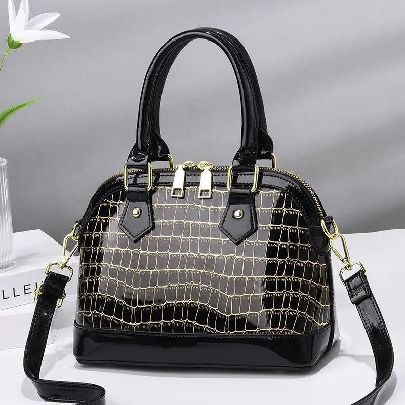 Women's shell-shaped PU top handle crossbody bag, solid colour, patent finish, metal accent, large size, zipper closure