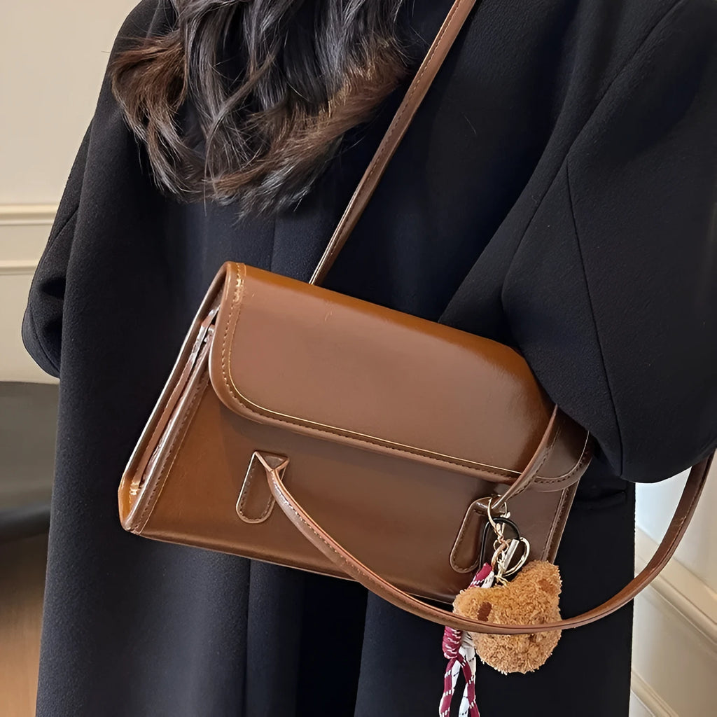 Women's brown Maillard PU leather shoulder bag with double straps and pendant attachment