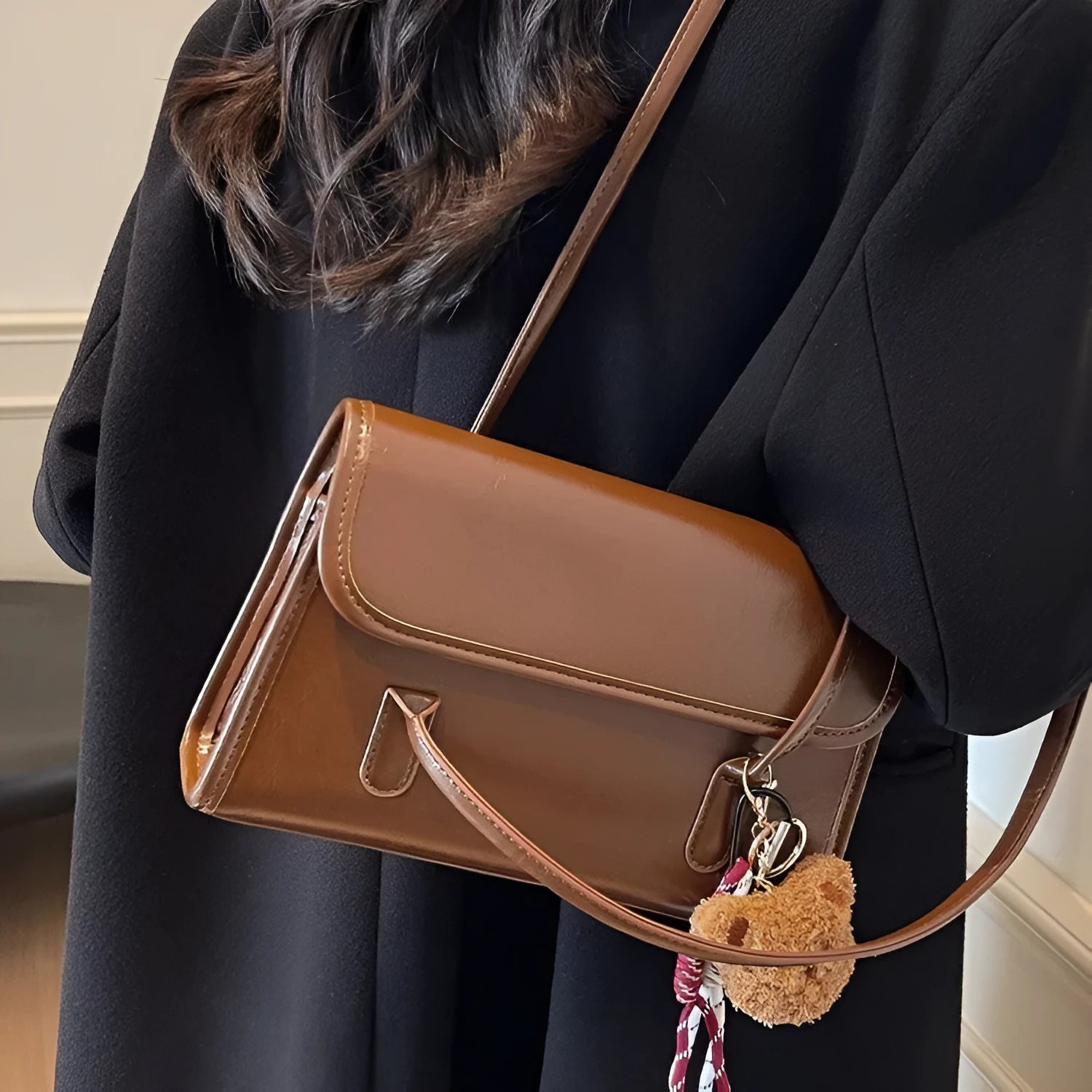 Women's brown Maillard PU leather shoulder bag with double straps and pendant attachment