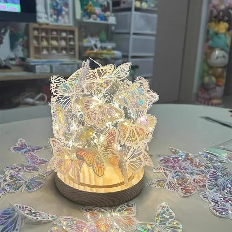 Butterfly night lamp DIY material package with glass lampshade and raw wood base measuring 12x15 cm