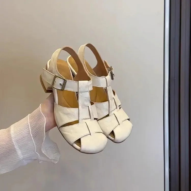Women's woven buckle heels in apricot colour, round toe, two-layer cowhide upper, rubber sole