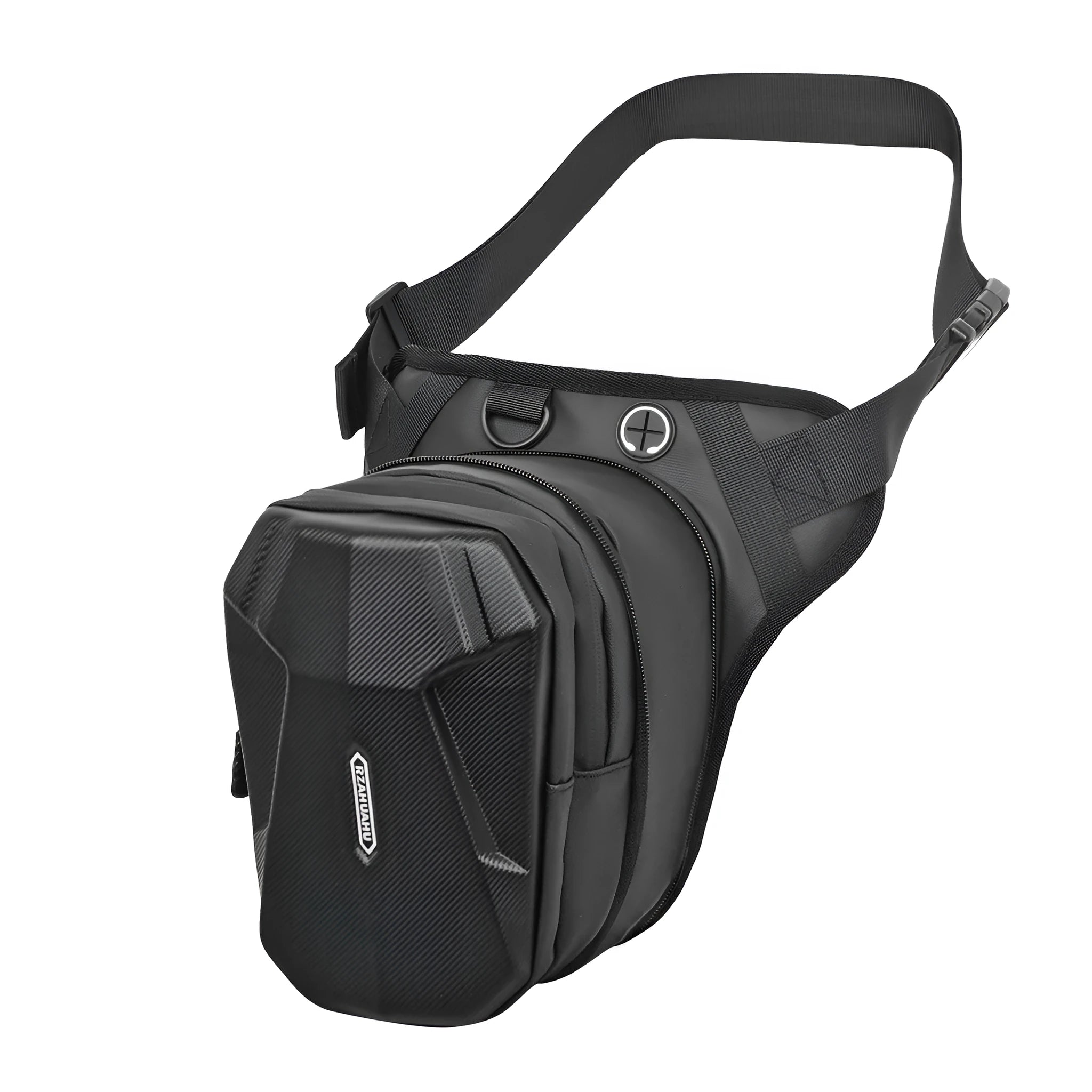 Black polyester motorcycle leg bag for male rider size 28x25x9cm