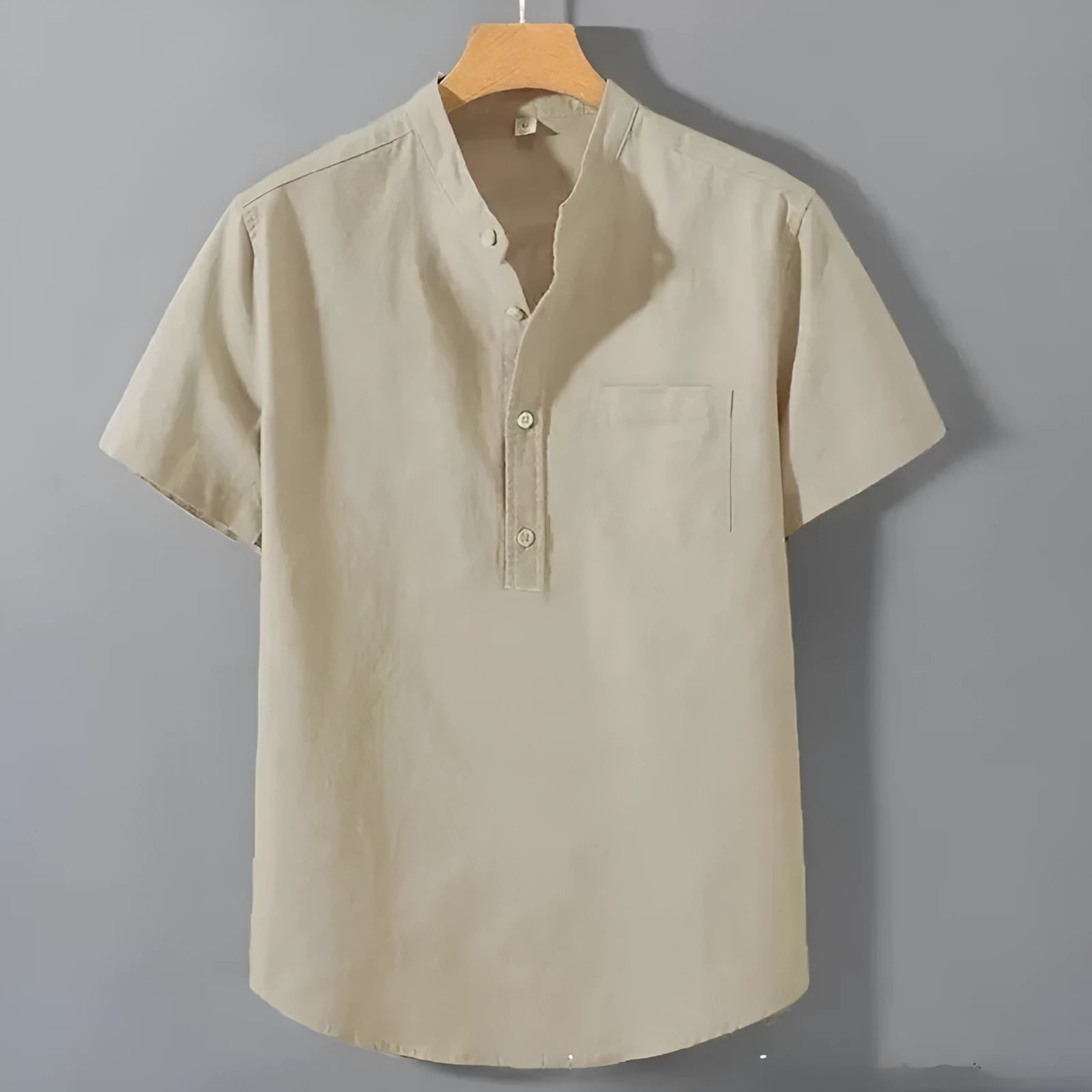 Men's beige linen casual shirt with stand collar and short sleeves in loose fit