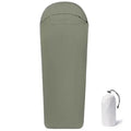 Blue adult mummy-style nylon camping sleeping bag laid out, showing its dimensions.