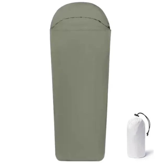 Blue adult mummy-style nylon camping sleeping bag laid out, showing its dimensions.