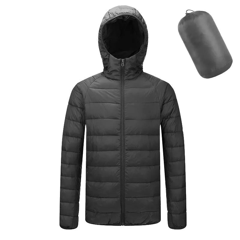 Men's lightweight hooded coat in solid colour, nylon fabric, zipper front, long sleeves, available in multiple colours and sizes