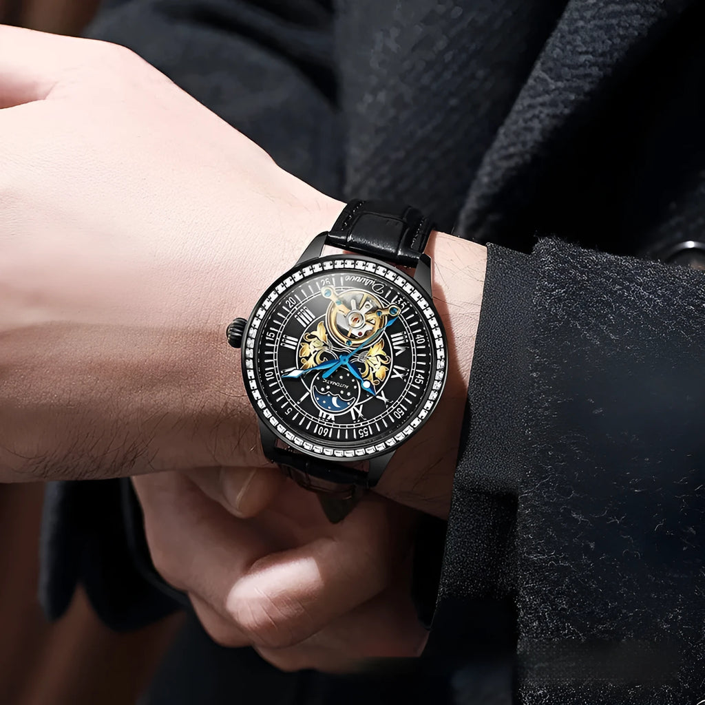 Men's waterproof mechanical watch with stainless steel case, round dial, and butterfly buckle in rose gold colour.