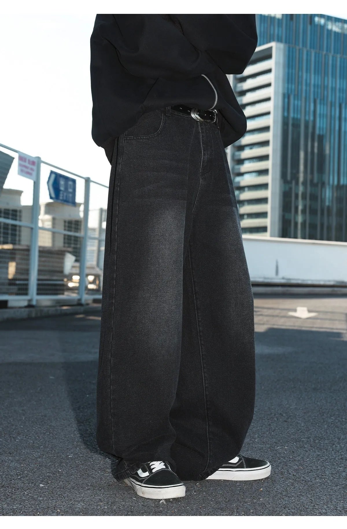 Men's vintage washed distressed straight loose jeans in black, mid waist button fly, cotton blend fabric