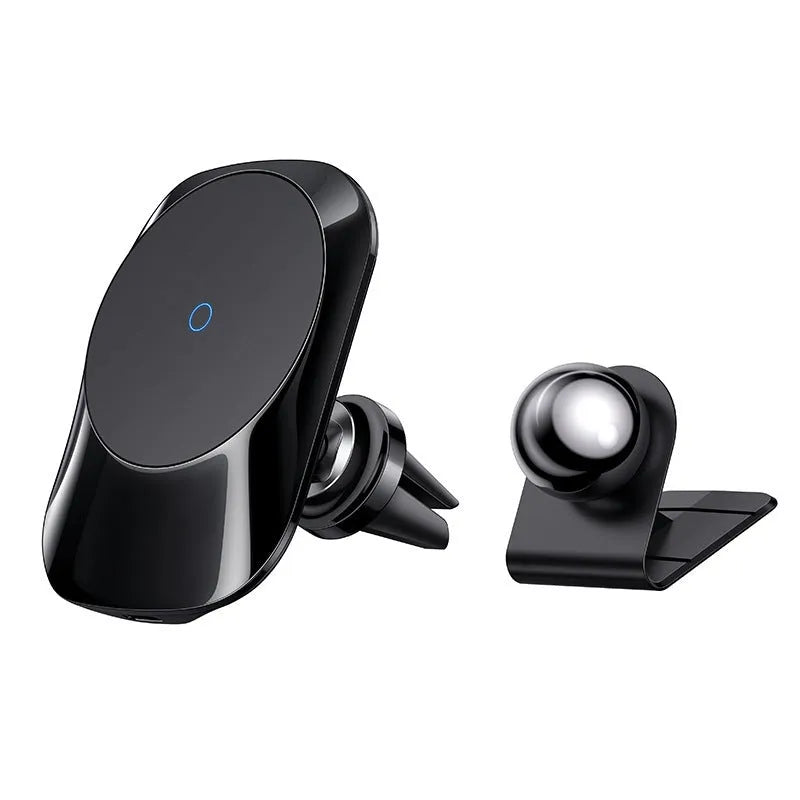 Magnetic car wireless charging stand with phone attached, showing both air vent and centre console mounting options