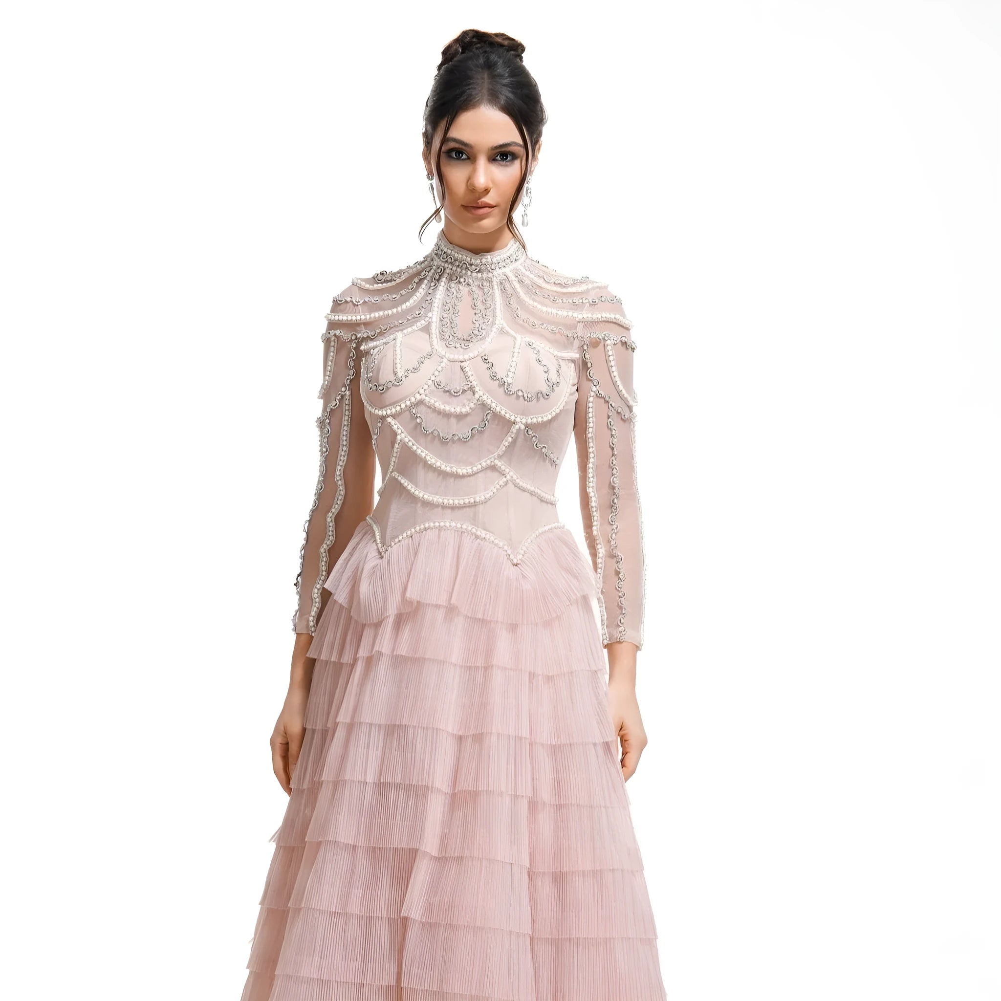 Women's black polyester beaded long sleeve formal dress with mid-waist design