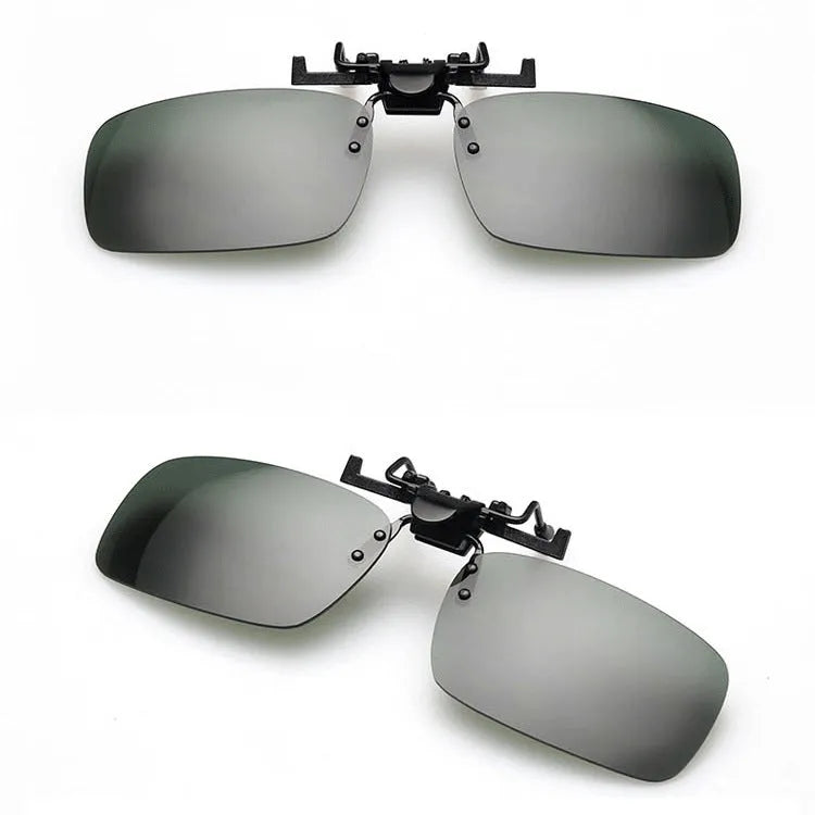 Myopia sunglasses clip for drivers with polarised PC lenses in grey, dark green, and night vision tint options