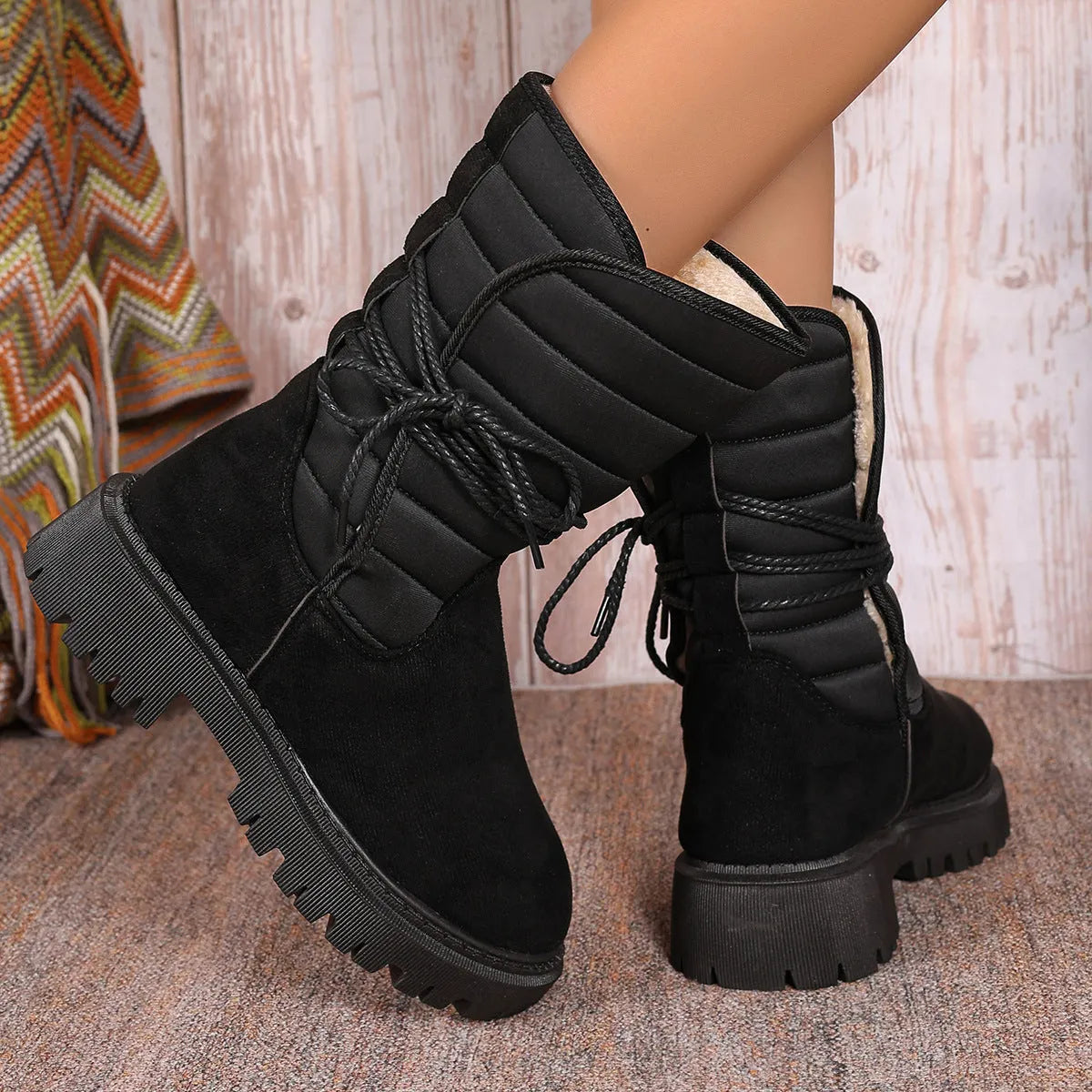 Women's black suede chunky heel snow boots with lace-up high-top and fleece lining.