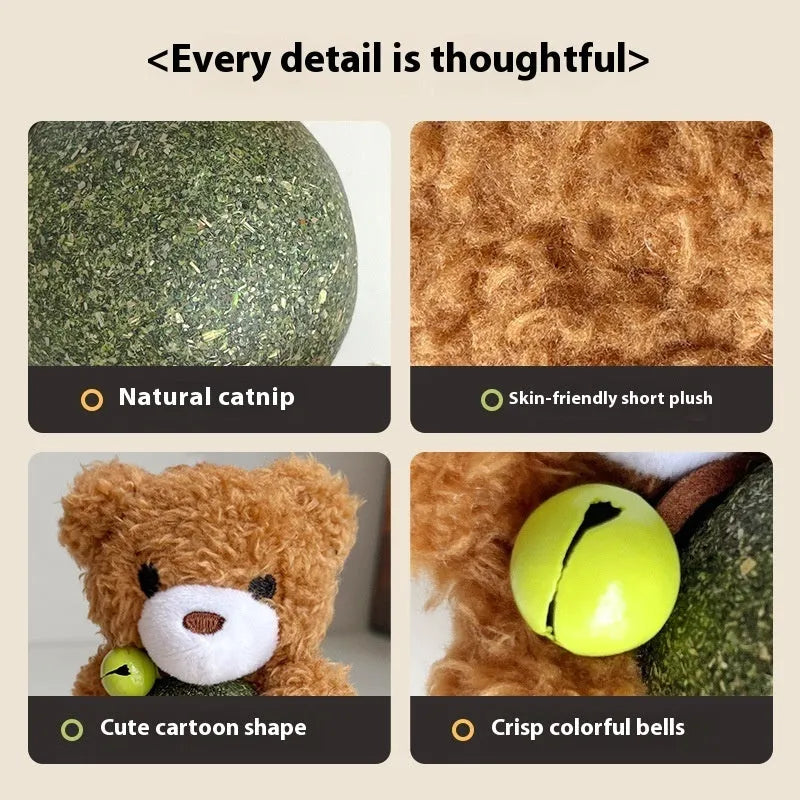 Plush catnip ball toy in brown bear design with bell, measuring 15cm tall for kitten biting play