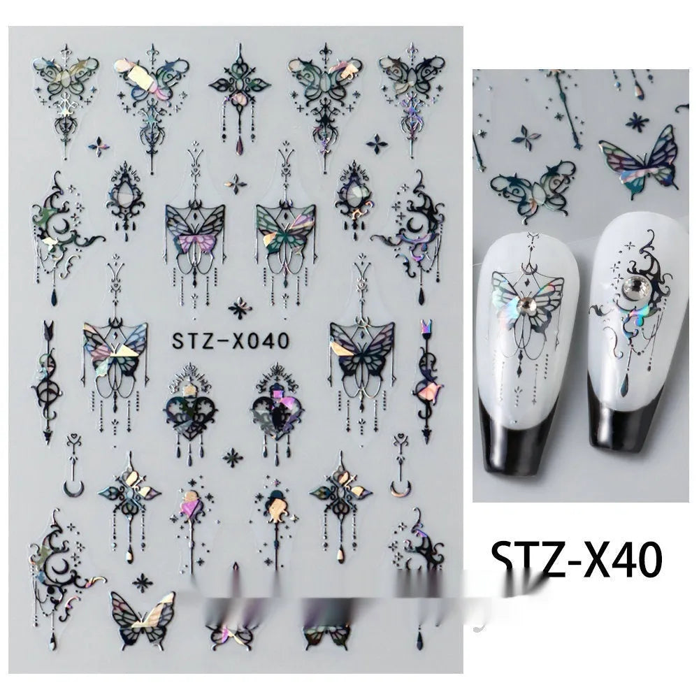 Pack of black and silver striped nail art stickers with cartoon and love pattern designs.