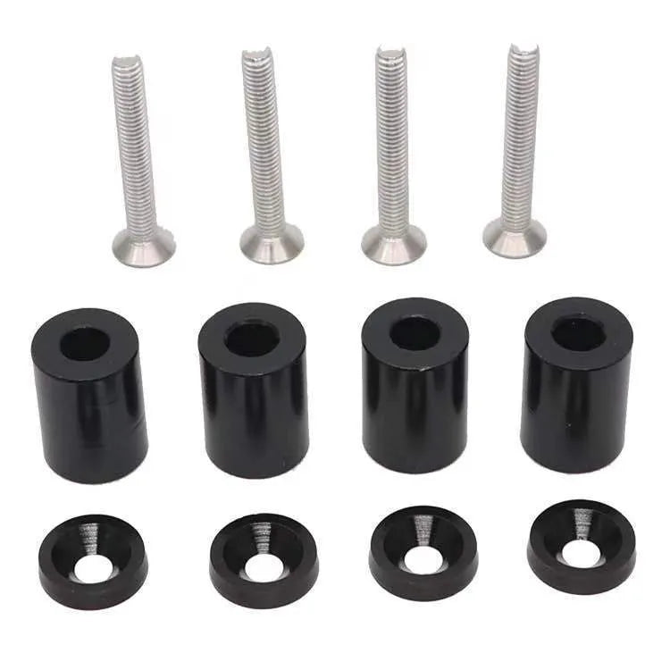 Aluminium machine cover pad height spacer kit with screws, nuts, and washers in red, blue, and black colours.